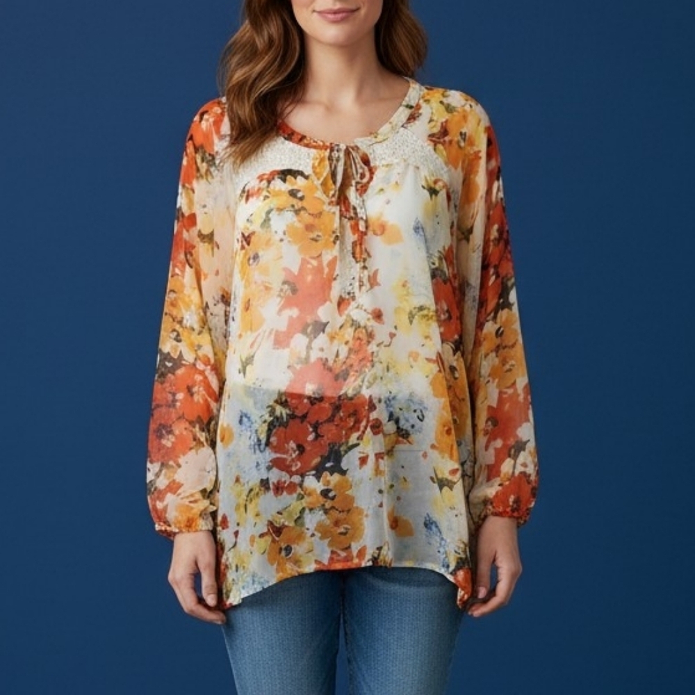 SML SPORT Floral Semi-sheer Oversized Keyhole Bow Chiffon Top XL